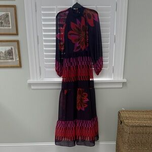 Sheer Long Sleeve Floral Maxi Dress in Purple and Fuchsia